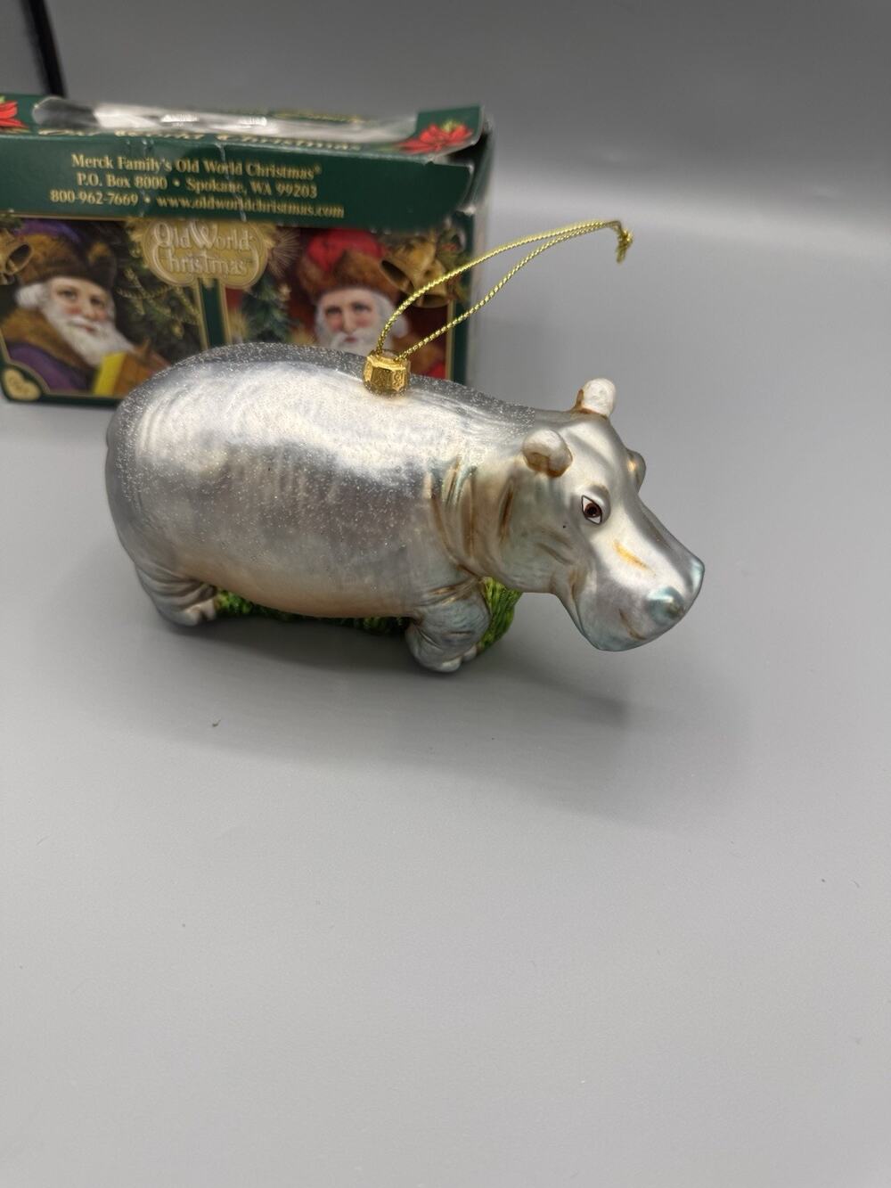 Old World Christmas Hippopotamus Hippo Glass Ornament Merck Family Box NB786